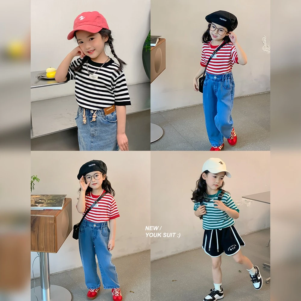 图图小象2023女童夏季新款洋气短袖宝宝条纹T恤上衣儿童童装休闲