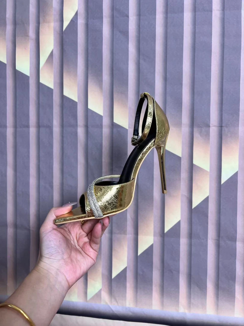 2024夏季新款水钻鱼嘴露趾一字带凉鞋女仙女风性感尖头细跟高跟鞋