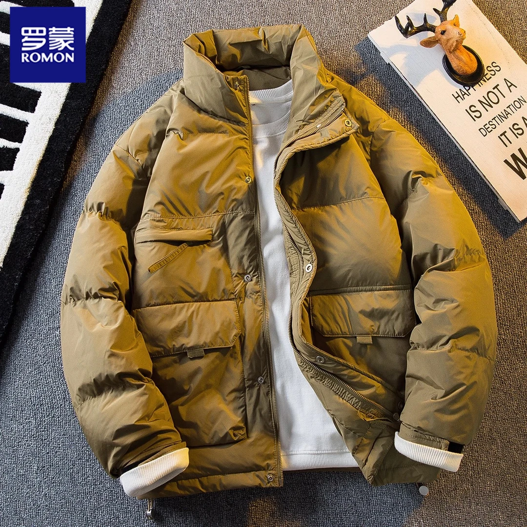罗蒙美式复古新款男款无帽立领工装羽绒服冬季男款保暖百搭外套男