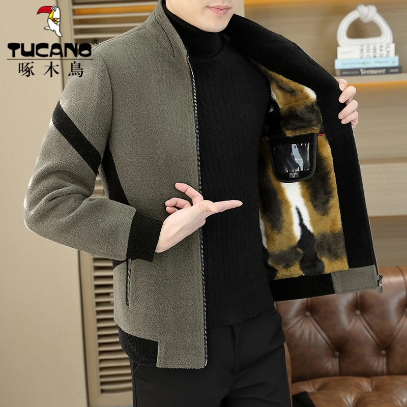 啄木鸟2023秋冬季新款加绒加厚夹克男外套休闲连帽立领茄克衫男士