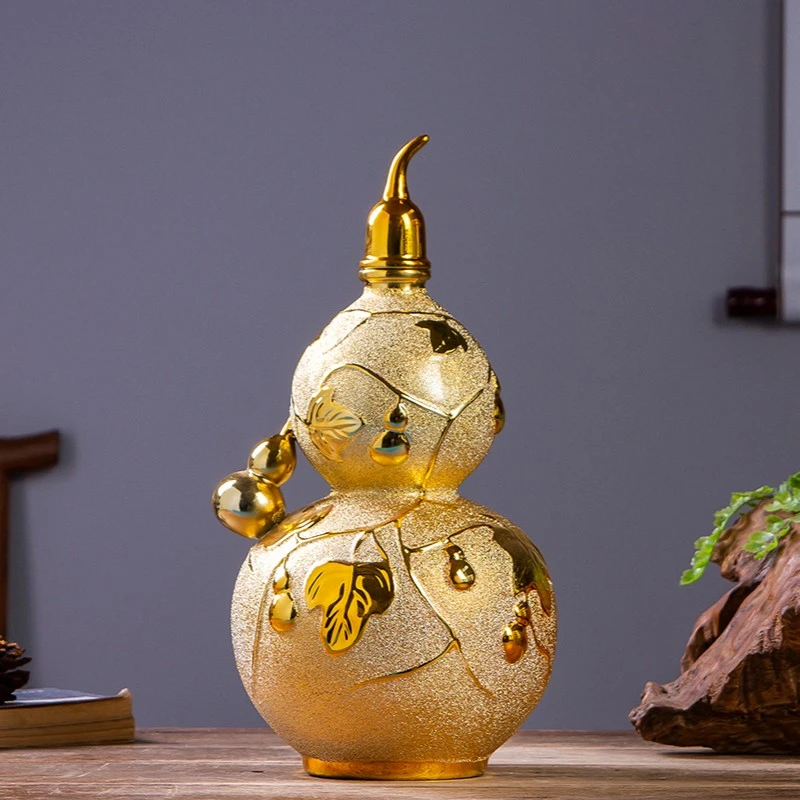 景德镇高温招财酒坛子3斤5斤装陶瓷泡酒密封酒瓶摆件金色葫芦酒壶