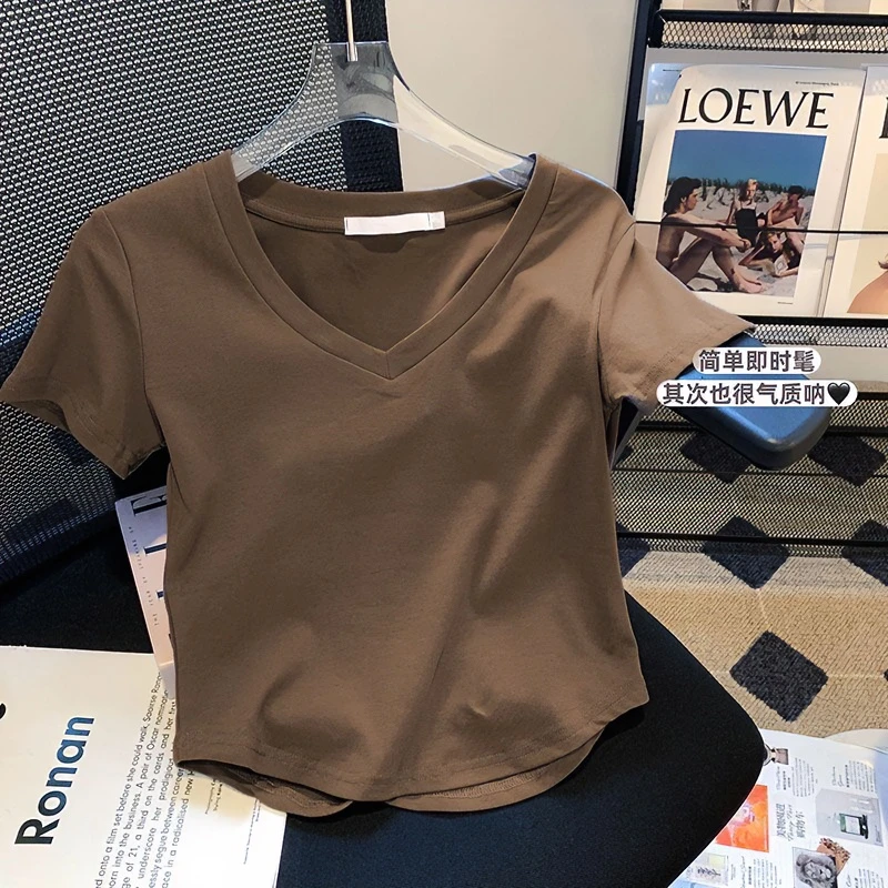 92棉纯色正肩短袖T恤女简约百搭短款露脐修身显瘦高腰ins气质上衣