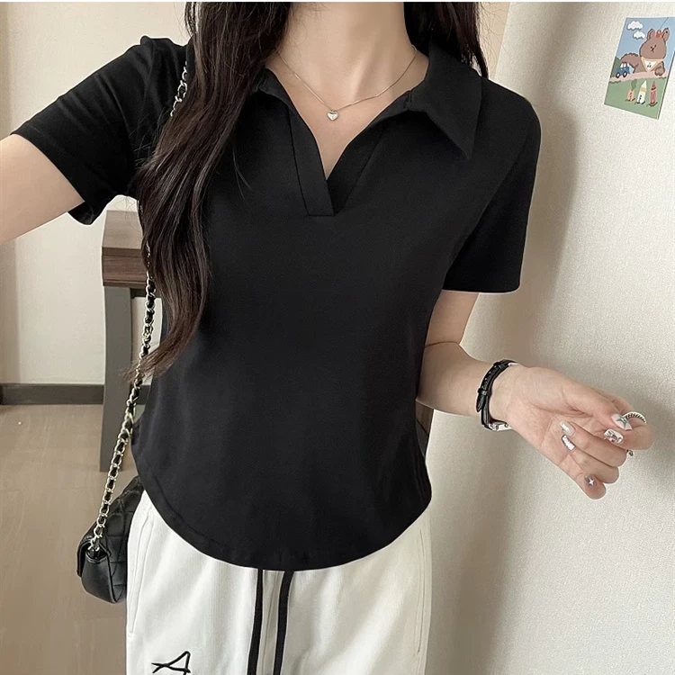 纯棉短袖polo领t恤女夏季新款高级感别致纯色短款正肩气质ins上衣