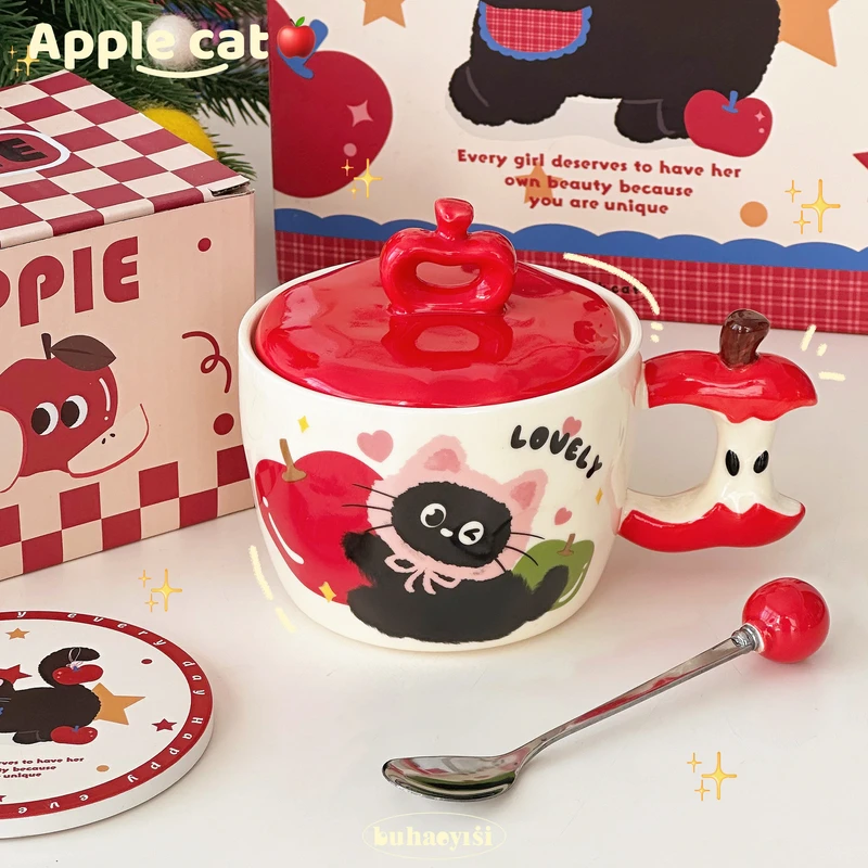 红色苹果陶瓷马克杯带盖陶瓷水杯家用女生咖啡杯平安夜礼物杯子