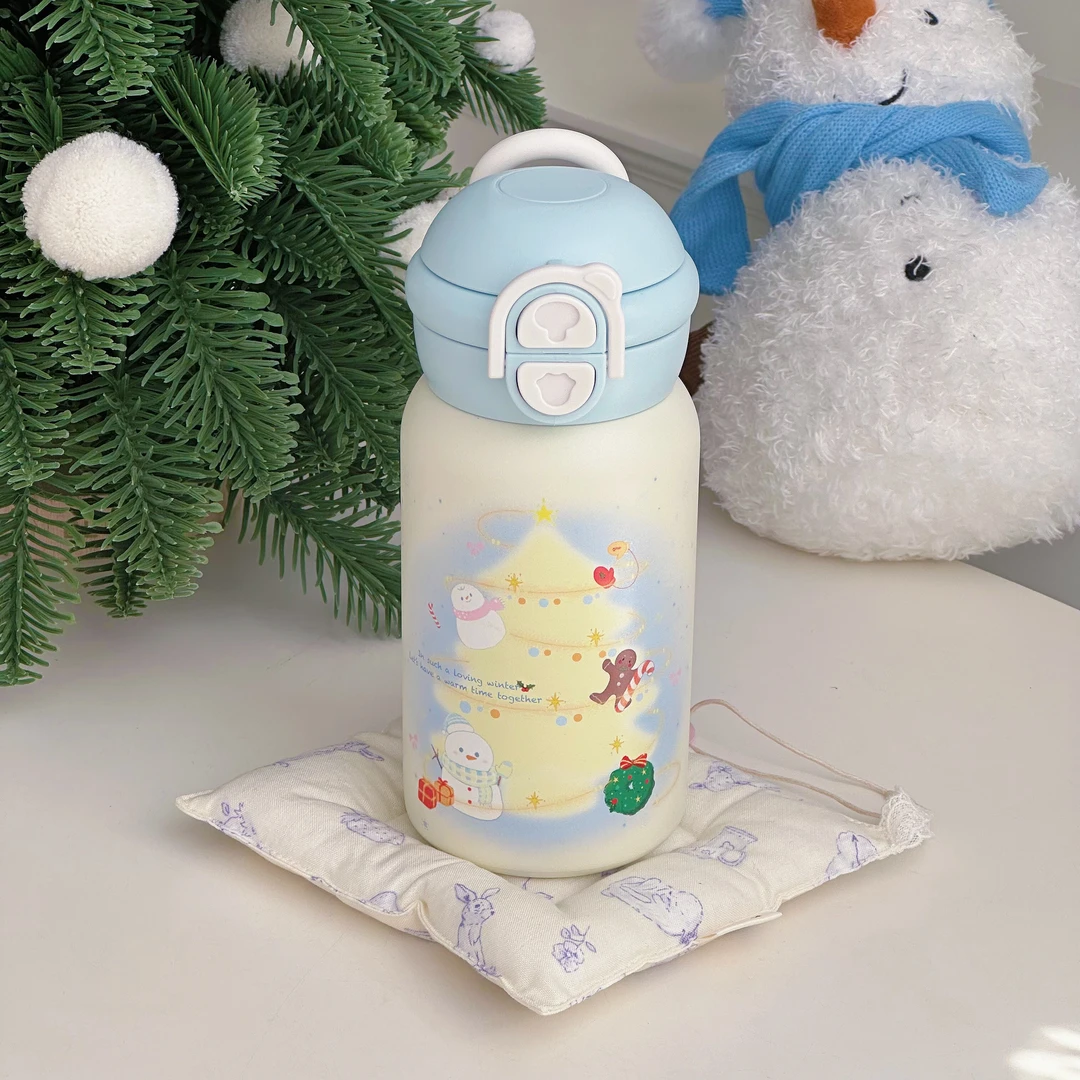 原创圣诞保温杯简约女高颜值ins可爱水杯学生双饮弹盖吸管杯礼物