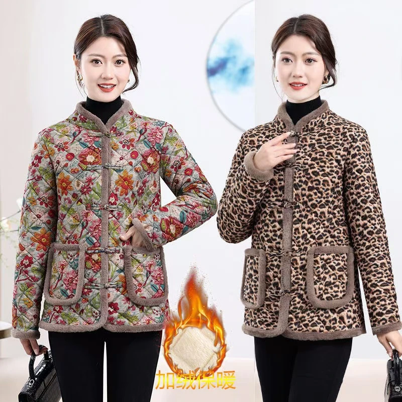 冬季新款加绒加厚保暖棉衣外套妈妈装时尚女装