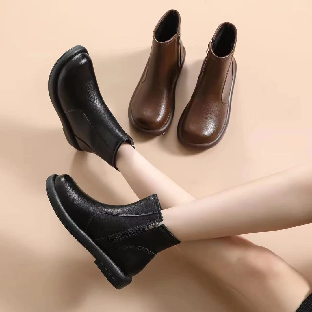 2024冬季新款加绒平底马丁鞋舒适百搭软底真皮时尚女鞋