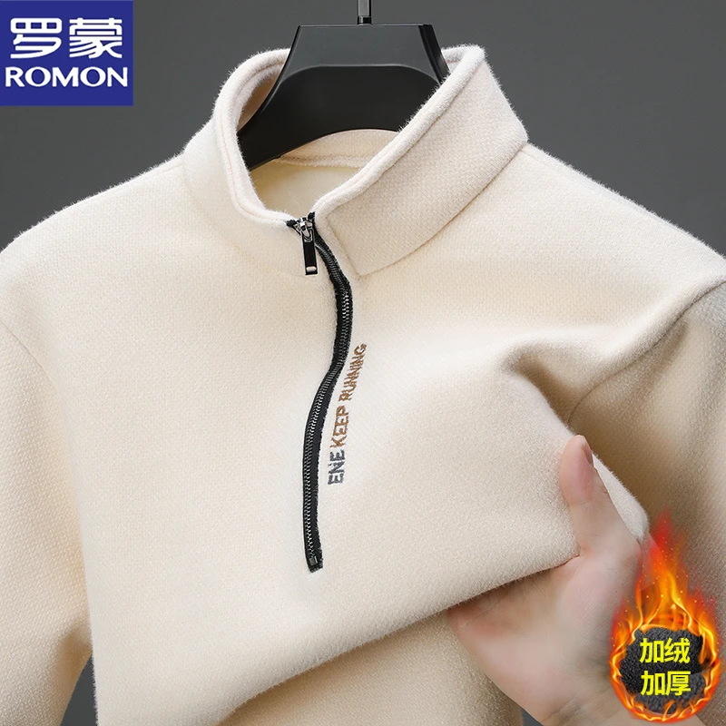 罗蒙新款男装半拉链毛衣加绒加厚秋冬款立领拉链男士针织衫上衣男