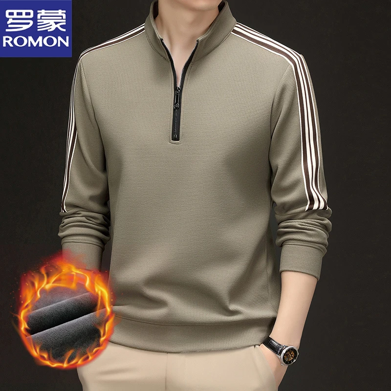罗蒙半拉链加绒保暖卫衣中青年加厚保暖衣立领休闲男士条纹t恤衫