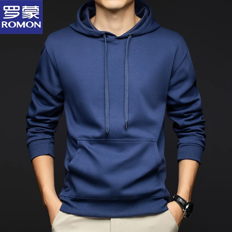 罗蒙男士新款连帽套头卫衣宽松透气运动休闲装中青年纯色柔软上衣