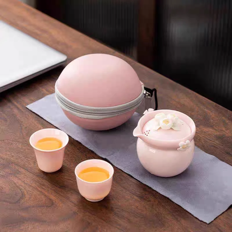 【直播专享】粉色陶瓷手工捏花旅行套装带包