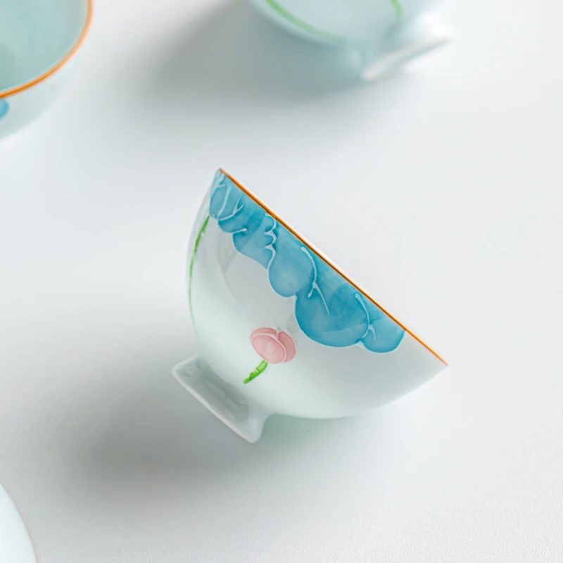 汤大壮【天青夏荷】手绘荷花高足杯