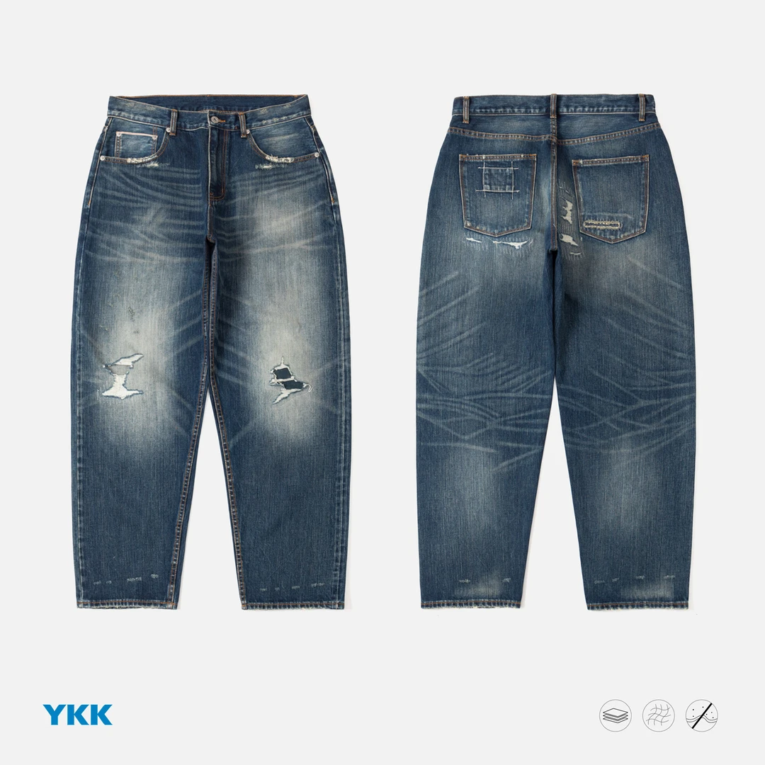 RN.77 24AW赤耳丹宁14OZ日系复古做旧破洞补丁微锥休闲长裤牛仔裤