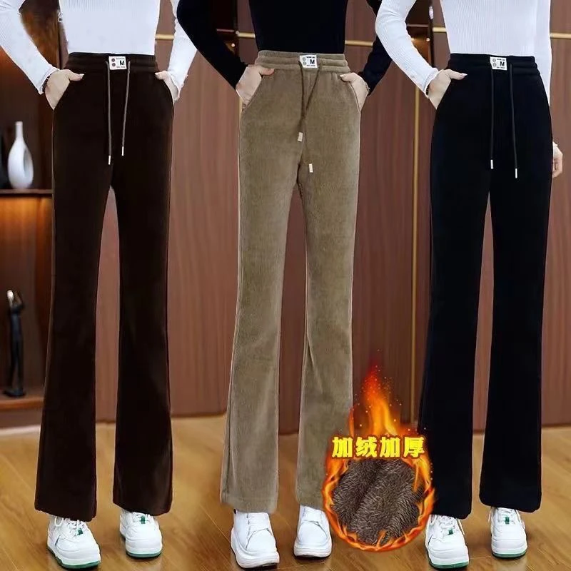 【加绒加厚】新微喇叭裤高腰加绒松紧保暖休闲雪尼尔加厚羊羔绒