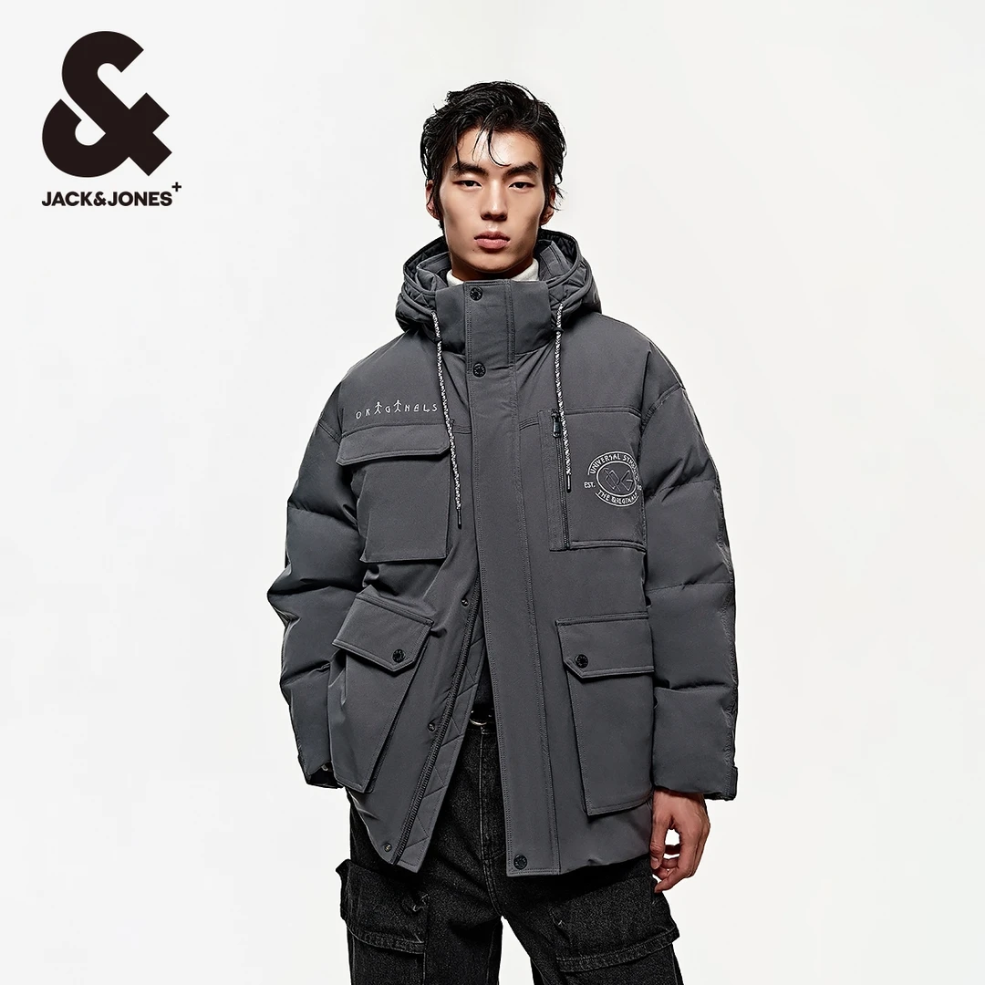 杰克琼斯秋冬款男装厚外套男士多口袋工装连帽好羽绒服宽松保暖潮