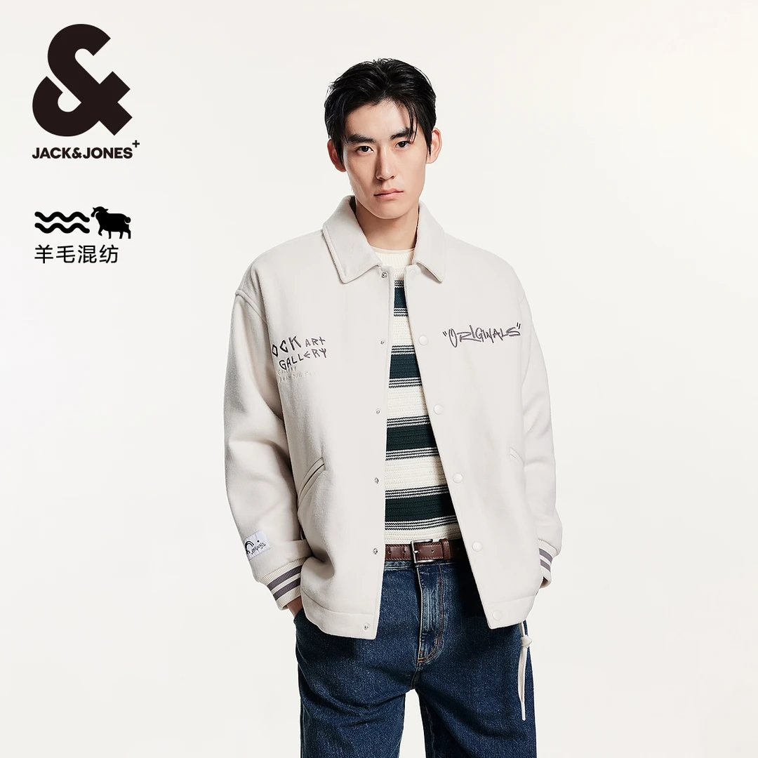 杰克琼斯冬季新款男士刺绣毛呢外套简约休闲翻领高级保暖外衣男装