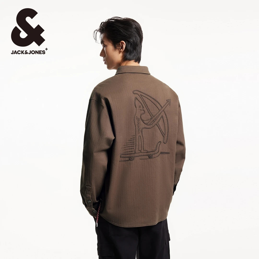 杰克琼斯秋季新款男士长袖衬衫字母趣味刺绣弹力尖领高级感穿搭潮