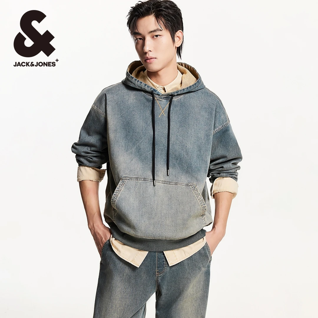 杰克琼斯春新款男士连帽卫衣潮流百搭做旧袋鼠口袋男款高级感男装