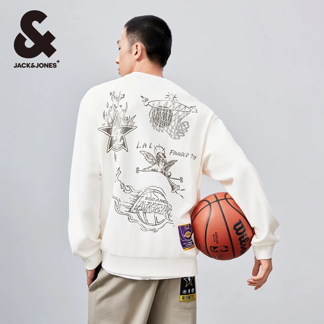 杰克琼斯秋季男士NBA联名湖人队休闲卫衣美式复古运动印花套头衫