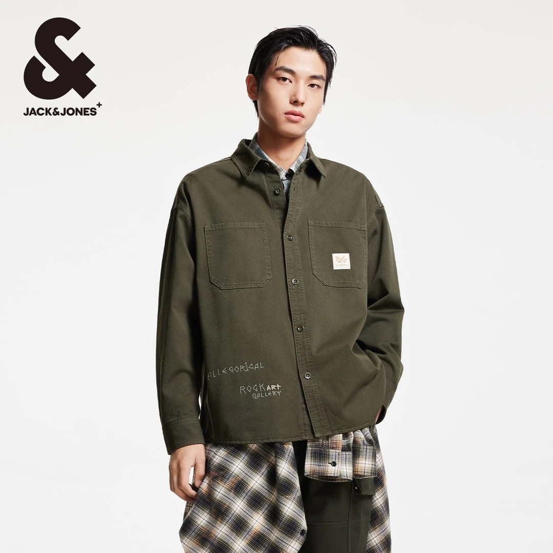 杰克琼斯男士长袖衬衫外套美式复古刺绣潮宽松百搭衬衣高级感穿搭