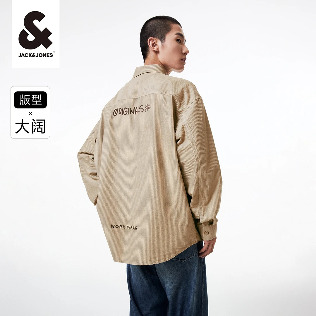 杰克琼斯春季男士长袖衬衫外套复古潮流休闲字母翻领宽松衬衣印花