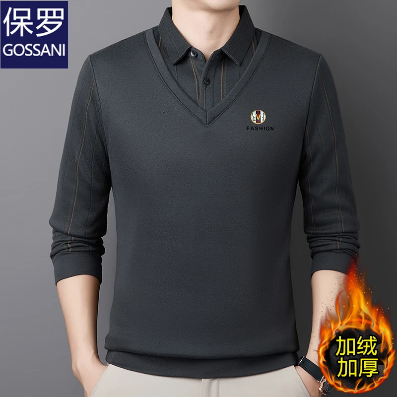 保罗男装秋冬新款加绒加厚休闲假两件POLO衫高档男士保暖针织上衣