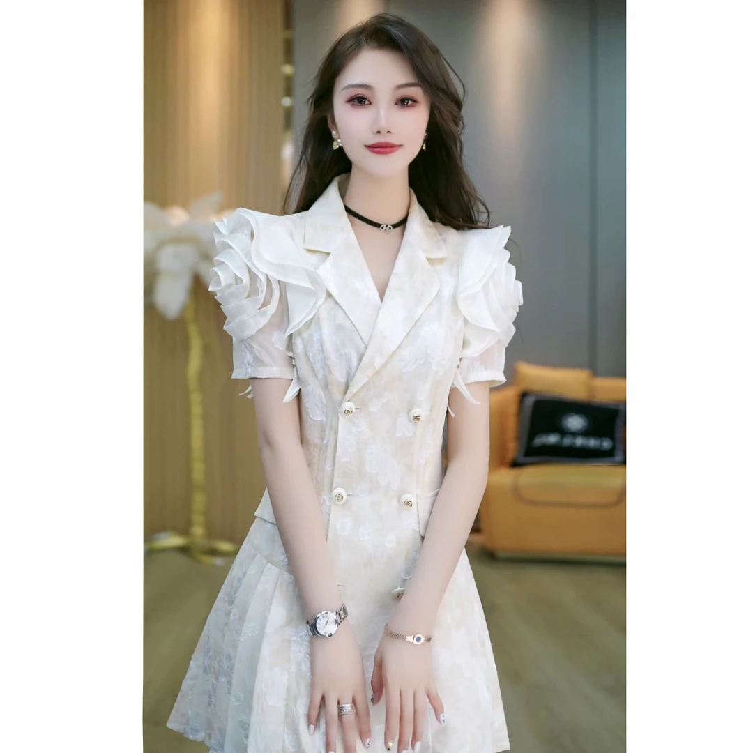 夏季新款碎花法式气质收腰时尚玫瑰花苞短袖连衣裙 A3050