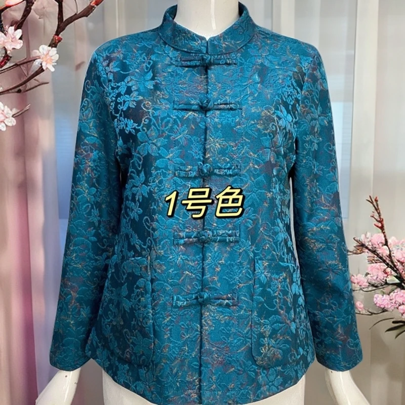 2024春秋新款中老年女装提花盘扣长袖双兜上衣宽松舒适百搭减龄款