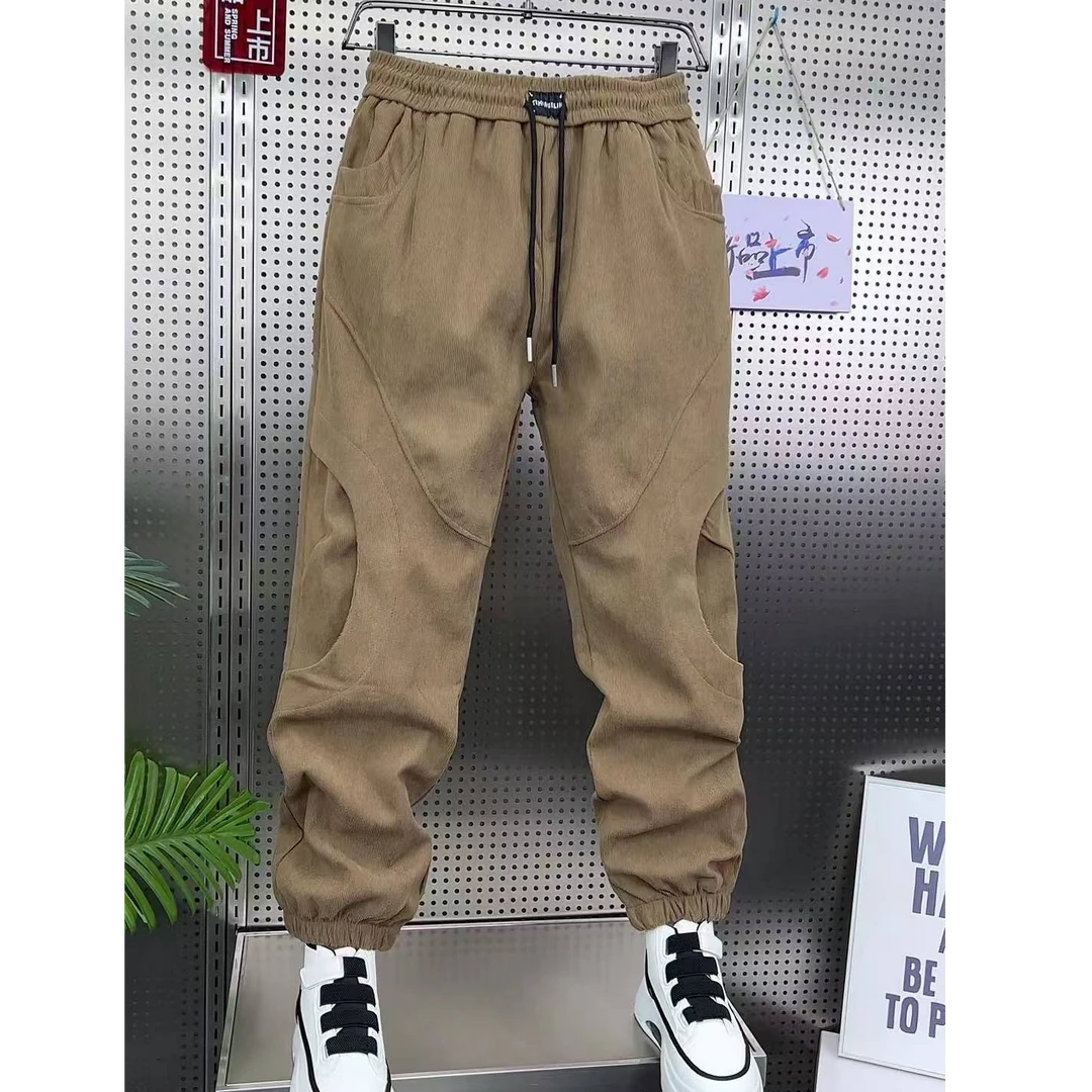 冬款灯芯绒休闲裤男士加绒拼接宽松哈伦束脚卫裤潮牌抽绳运动裤潮