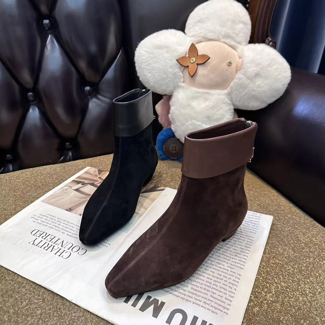 [大韩韩]秋季新品958-07羊京皮配胎牛皮气质百搭洋气舒适平底短靴