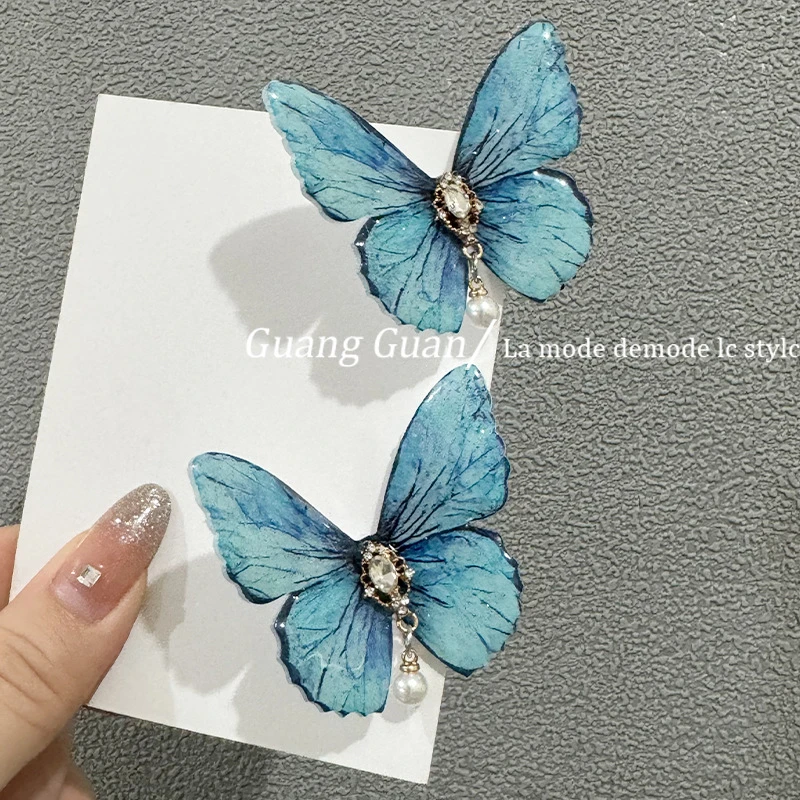 复古冰灰蓝蝴蝶边夹发夹头饰鸭嘴夹闪闪亮气质宫廷配饰少女侧边