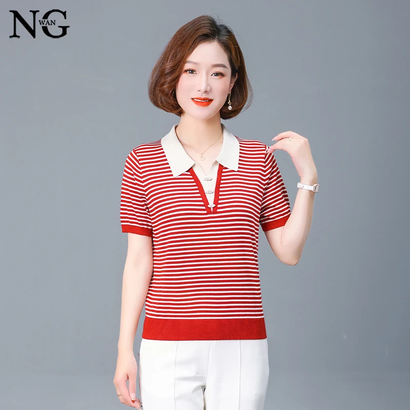 莱赛尔天丝衬衫女夏装新款妈妈短袖t恤v领针织衫中老年条纹上衣夏