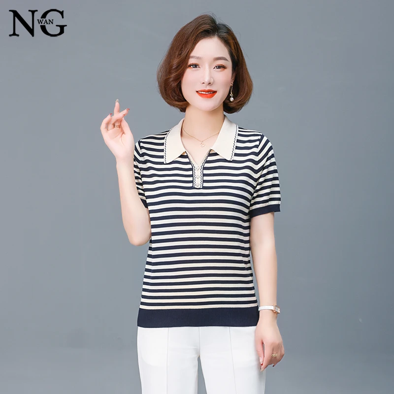 莱赛尔天丝衬衫女夏季中年妈妈短袖t恤条纹新款中老年针织衫上衣