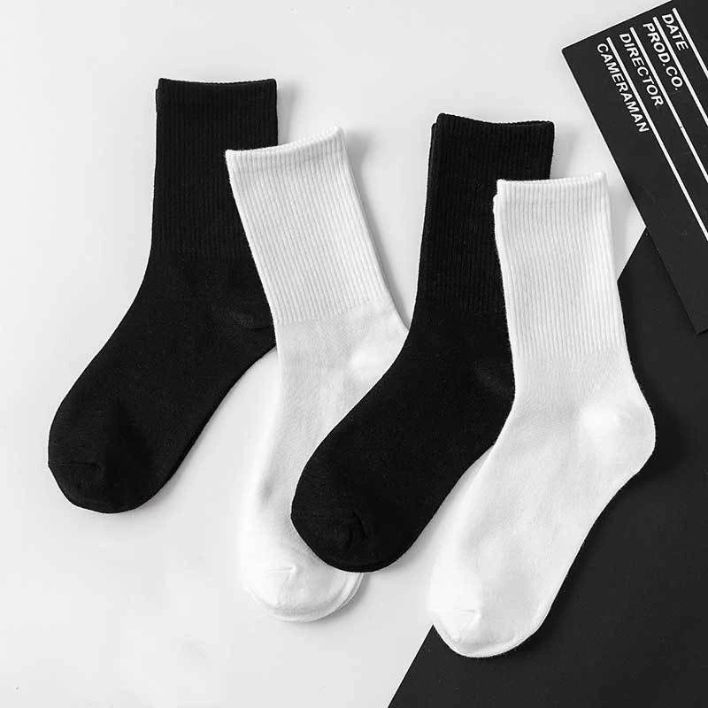 纯棉加厚袜子男白色中筒四季款情侣运动长袜短袜混搭纯色秋冬袜子