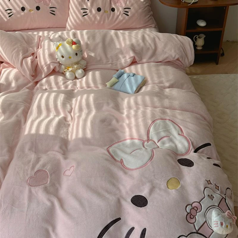 奶油可爱KT猫冬季牛奶绒四件套加厚保暖双面绒床单被套少女三件套