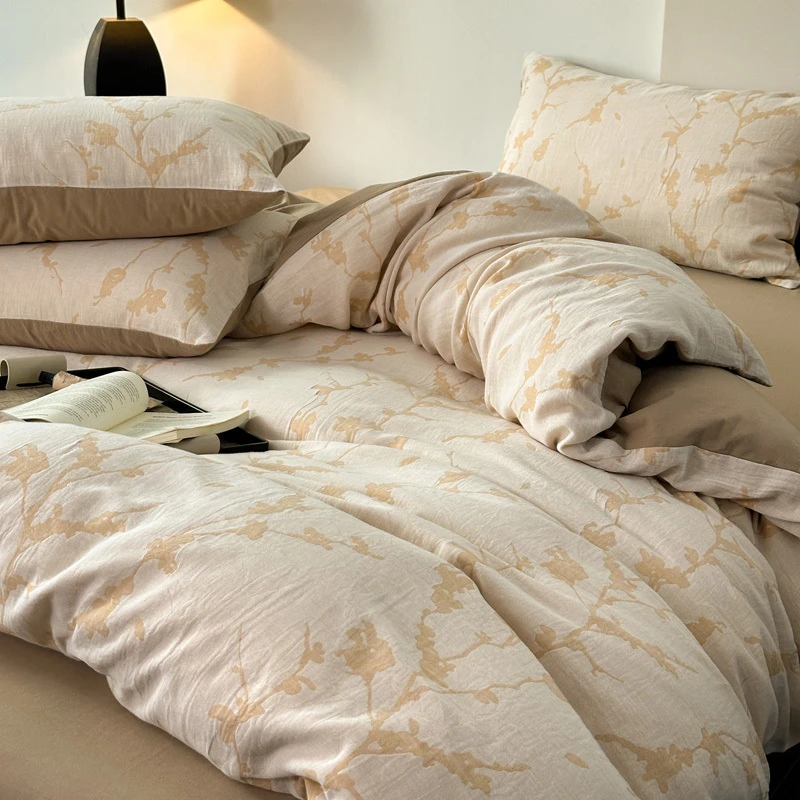 轻奢全棉双层纱色织提花四件套纯棉简约高级感三件套主卧床单被套