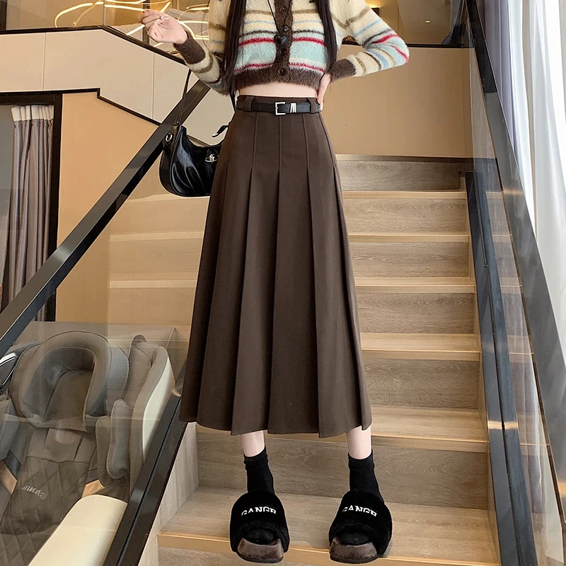 毛呢半身裙2025秋冬新款流行高腰遮胯显瘦学院风百褶裙中长A字裙
