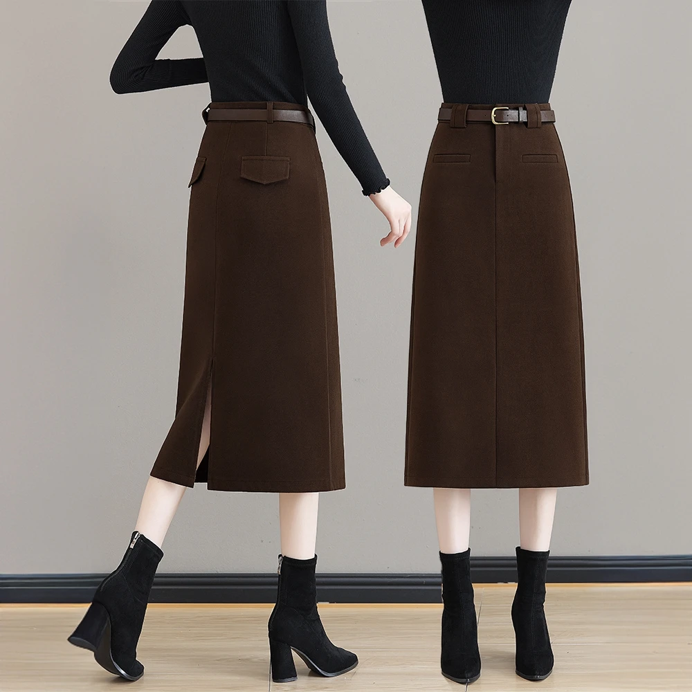 咖色毛呢直筒半身裙女2025秋冬新款洋气高腰显瘦开叉一步包臀裙子