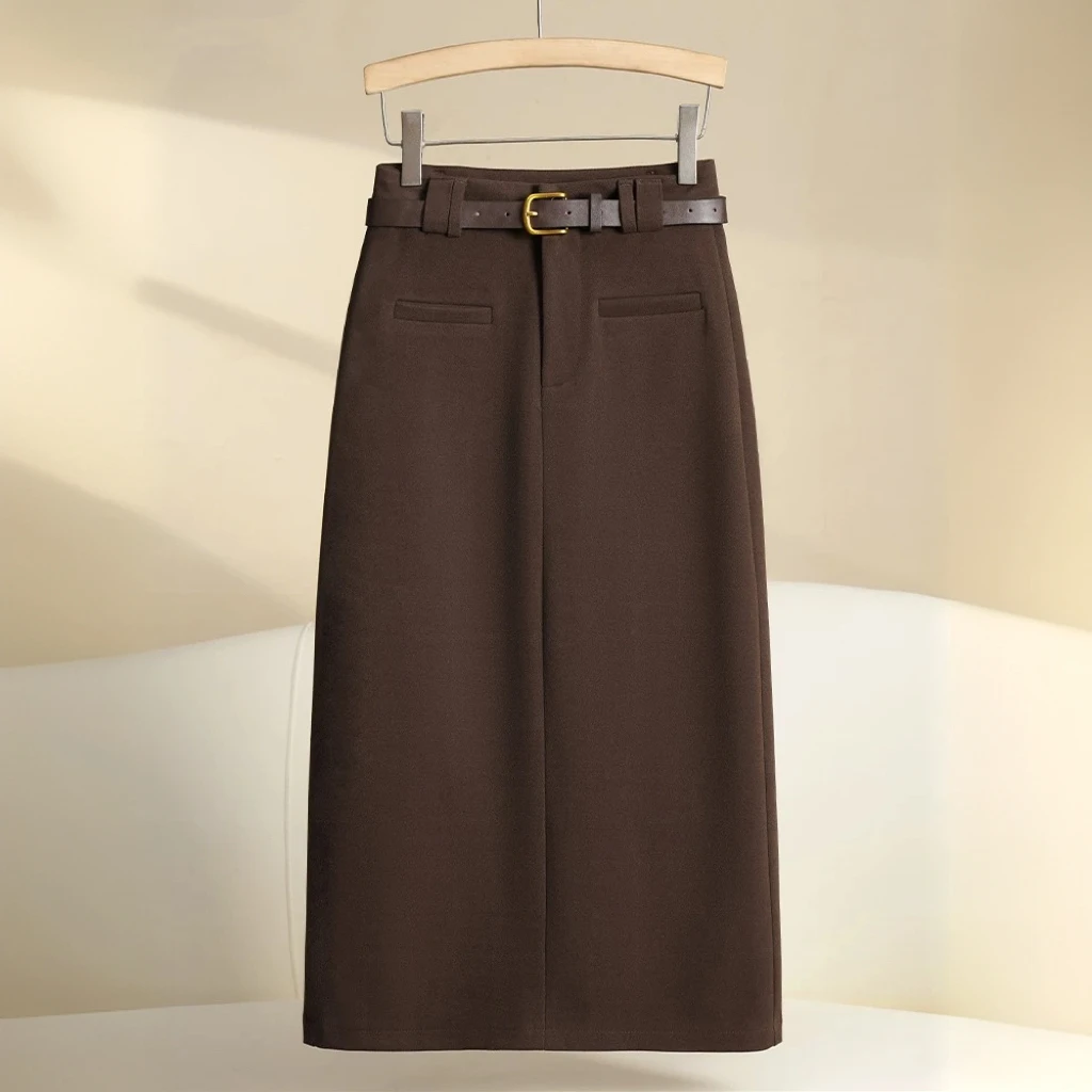 气质毛呢半身裙女2025秋冬新款高腰显瘦中长款包臀裙腰带款直筒裙