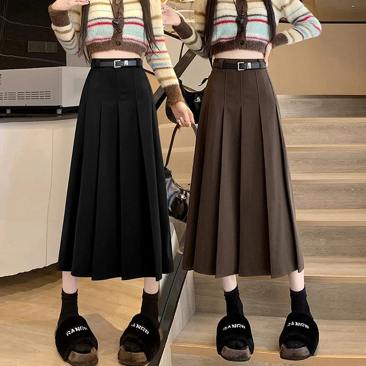 咖色毛呢半身裙女2025新款秋冬中长款高腰显瘦垂坠感a字百褶裙子