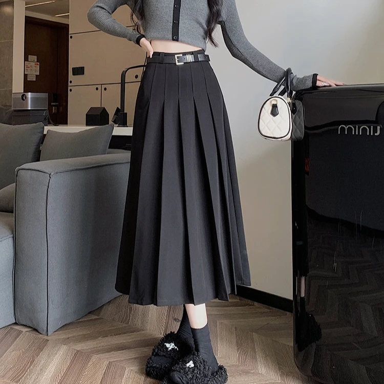 灰色西装半身裙女春季小个子中长款百褶裙垂坠感a字长裙新款遮肚