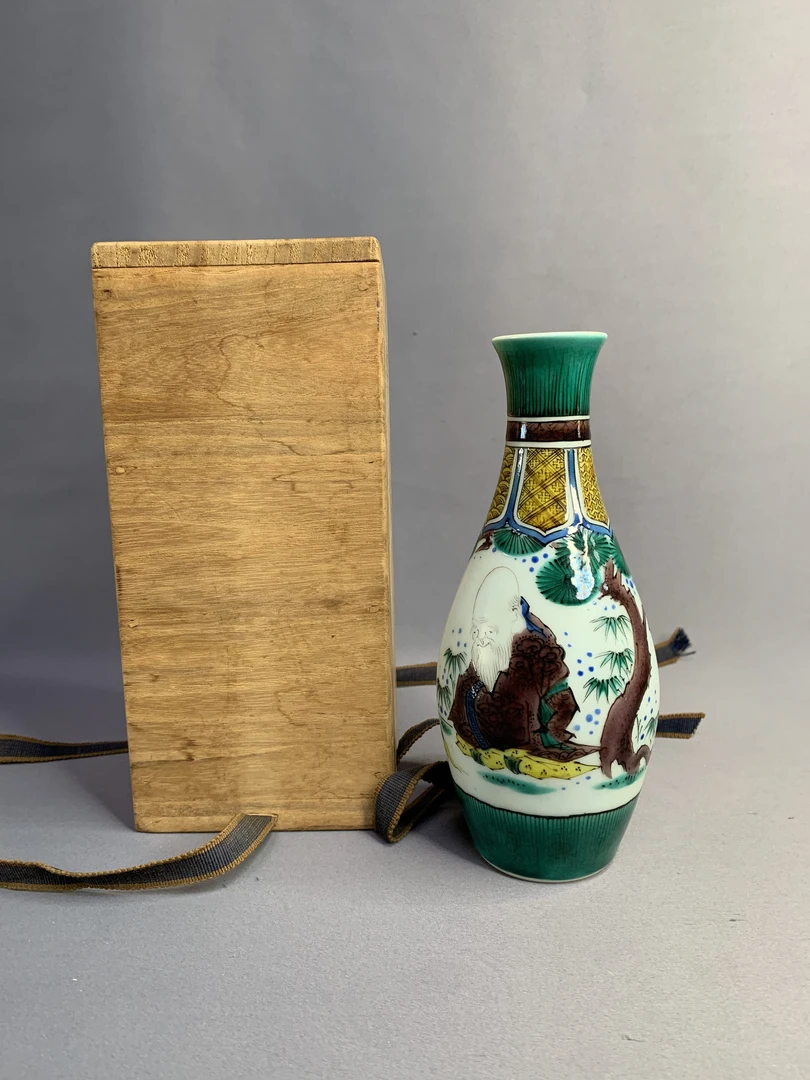 日本九谷烧松本佐吉作松下寿老人花瓶花器