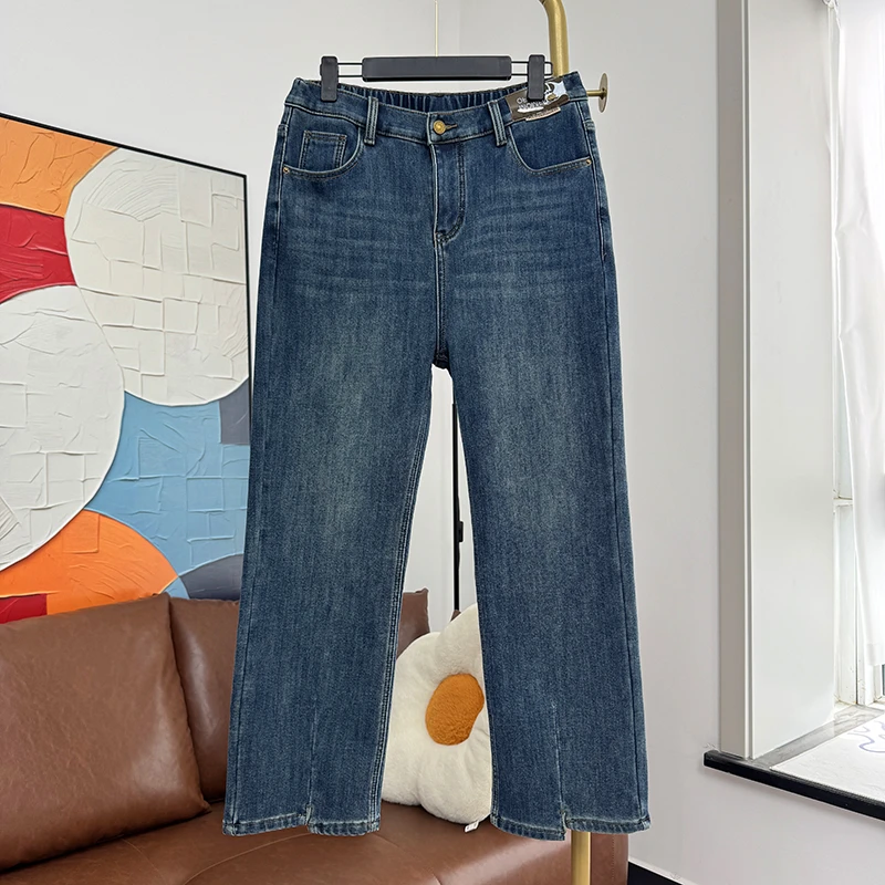 周柒柒大码女裤 冬季加绒加厚修身显瘦烟管裤胖MM九分高腰牛仔裤