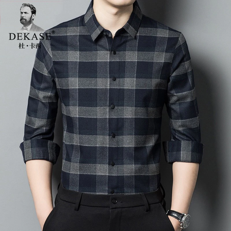 Dekase 衬衫男士厚款2025春秋季中年磨毛寸衫爸爸装宽松格子衬衣