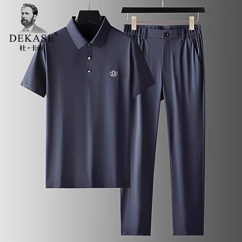 Dekase 轻奢冰丝俩件套男薄款丝滑免烫夏季短袖翻领休闲运动套装