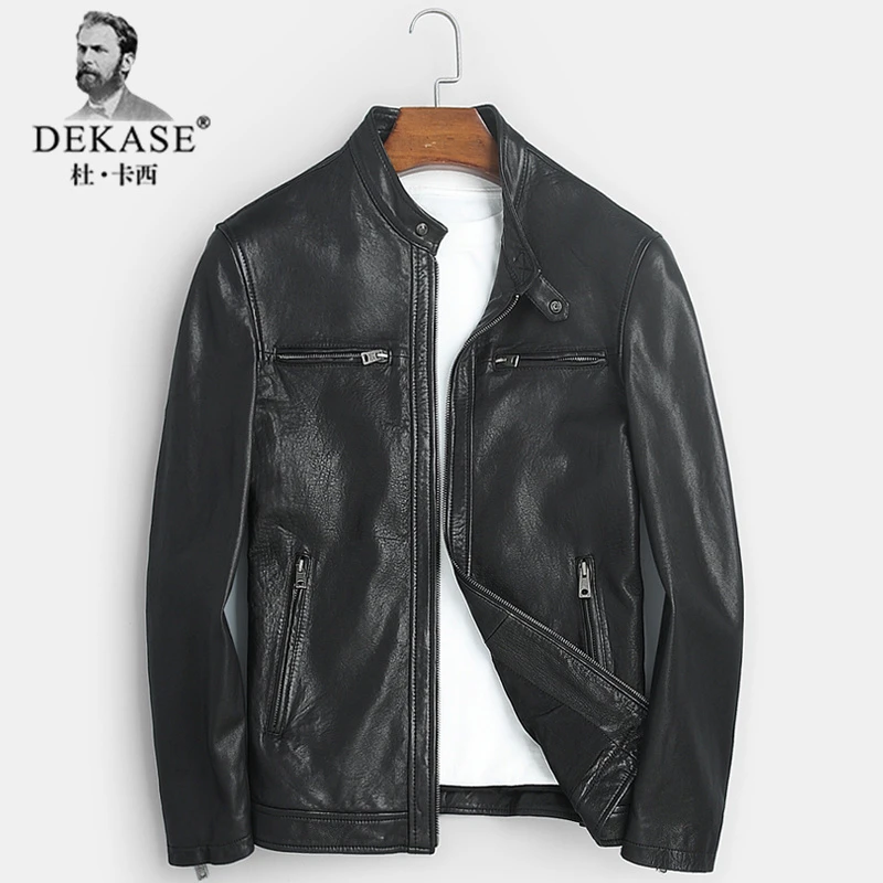 Dekase 秋冬新款真皮皮衣男士绵羊皮短款立领帅气机车皮夹克外套