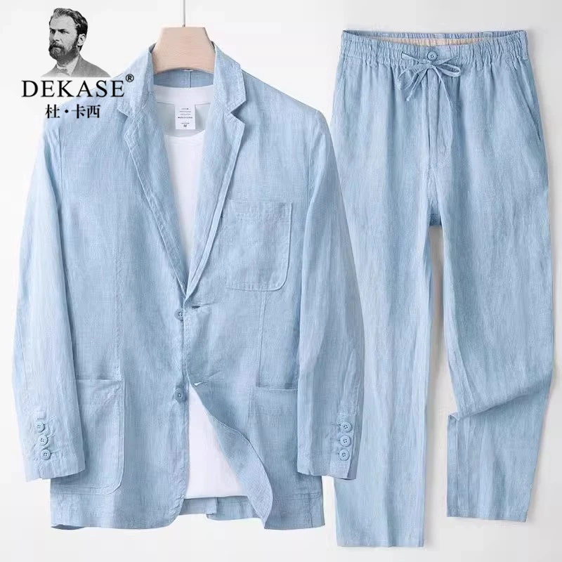 Dekase 休闲亚麻西服套装男士夏薄款宽松上衣时尚户外防晒两件套
