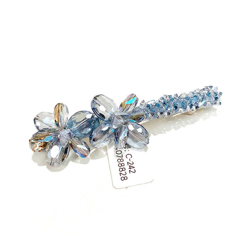 A125日韩轻奢水晶花朵弹簧夹手工后脑勺横夹气质优雅一字马尾夹