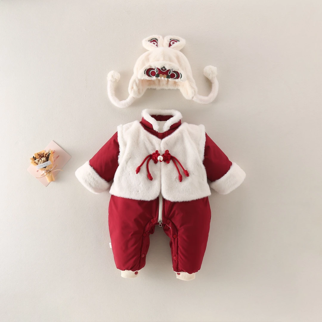 婴儿衣服冬装夹棉连体衣棉服男女宝宝可爱中国风爬服薄棉哈衣外套