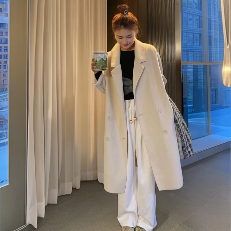 2024新款双面绵羊毛大衣中长款百搭时尚款高端手工缝制韩版大衣
